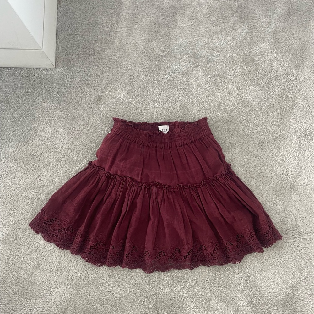 Misa Los Angeles Burgundy mini Skirt with Lace